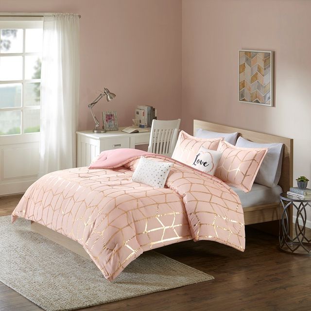 Olliix by Intelligent Design Raina Blush and Gold Full/Queen Metallic Printed Comforter Set-4