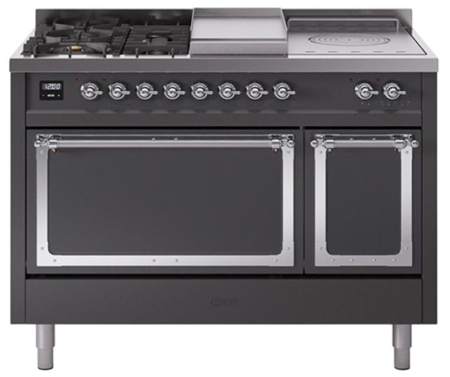 Ilve® Nostalgie II Noblesse 48'' Graphite Matte Pro Style Dual Fuel Range with Chrome Trim-0