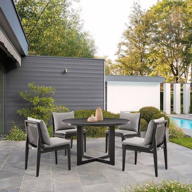 Armen Living Cayman 2-Piece Black/Gray Fabric/Metal/Rattan Outdoor Dining Side Chair Set-2
