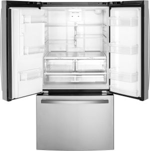 front view of the opened GE® 36 in. 25.6 Cu. Ft. Fingerprint Resistant Stainless Steel French Door Refrigerator