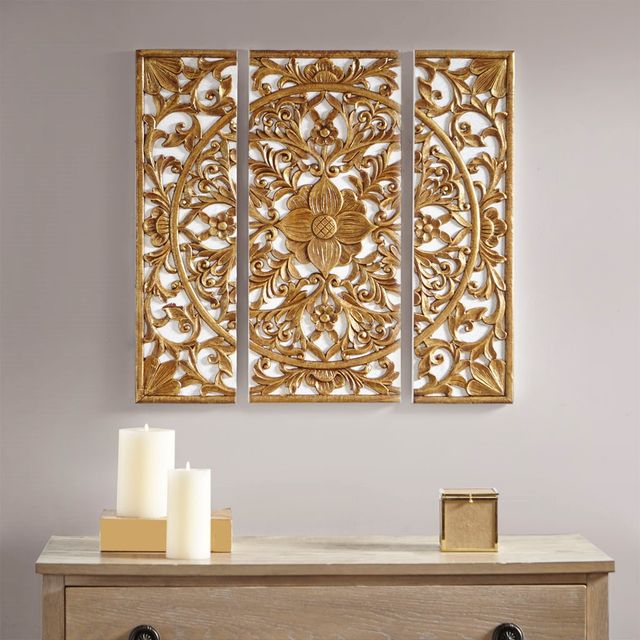 Olliix by Madison Park Gold Set of 3 Piece Gold Medallion 3D Design Canvas-2