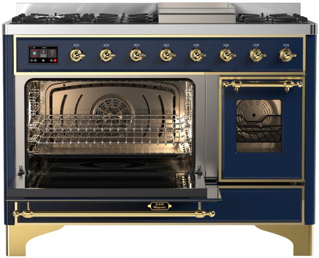 Ilve® Majestic III 48" Midnight Blue Pro Style Dual Fuel Natural Gas Range with Triple Glass Door and Brass Trim-2