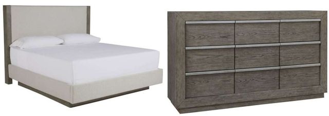 Benchcraft® Anibecca 2-Piece Weathered Gray California King Upholstered Panel Bed Set-0