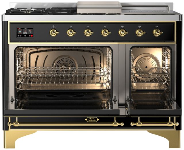 Ilve® Majestic III 48" Glossy Black Pro Style Dual Fuel Natural Gas Range with French Top and Brass Trim-1