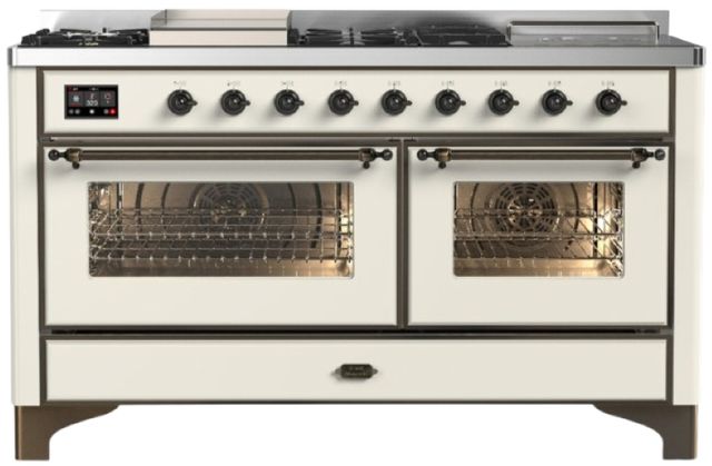 Ilve® Majestic III 60" Antique White Pro Style Dual Fuel Natural Gas Range with French Top and Burnished Trim-0
