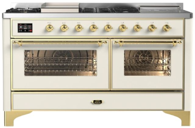 Ilve® Majestic III 60" Antique White Pro Style Dual Fuel Natural Gas Range with French Top and Brass Trim-0