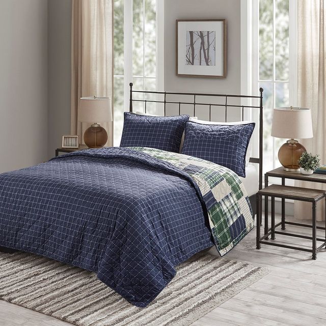 Olliix by Madison Park Timber 3 Piece Green and Navy King/California King Reversible Printed Coverlet Set-2