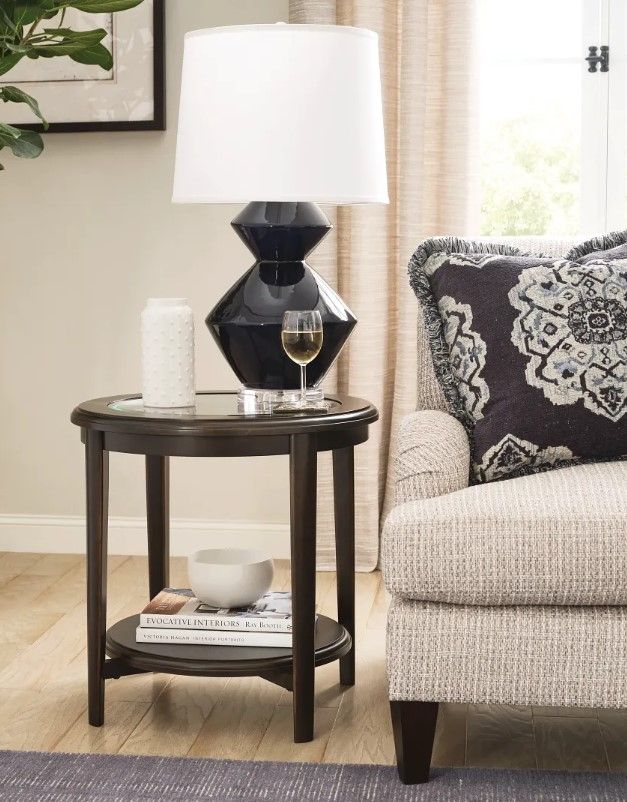 Hammary® Whitaker Glass Top Round End Table with Black Denim Base-1