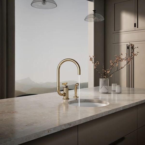 KOHLER® Billet® Vibrant French Gold 16" Single Cross-Handle Bar Sink Faucet with 2-Function Extended-Reach Spout and Side Sprayer-2