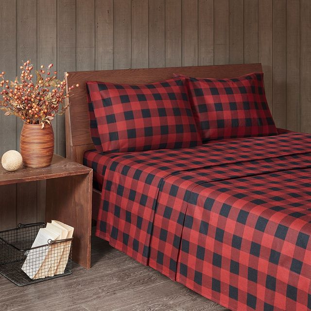 Olliix by Woolrich Red/Black Buffalo Check Queen Flannel Cotton Sheet Set-4