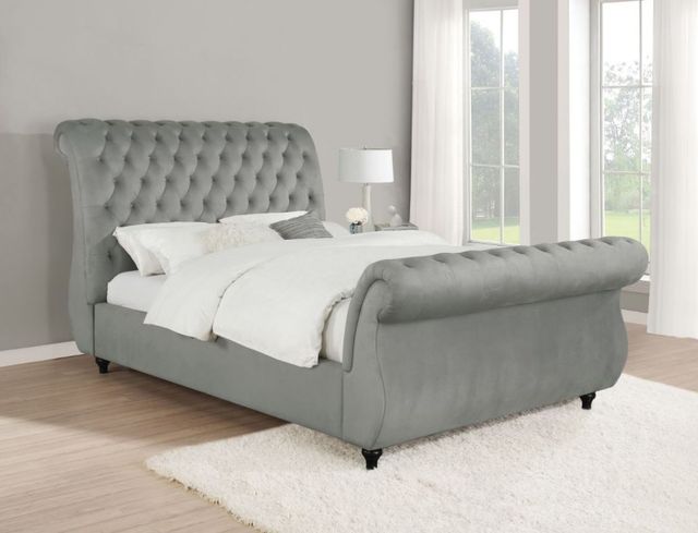 Coaster® Chelles Grey Upholstered Queen Sleigh Bed -1