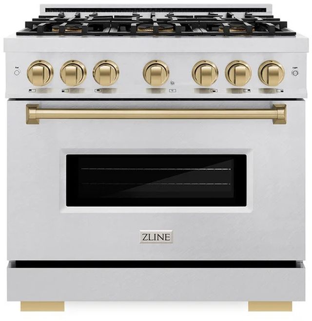 ZLINE Autograph Edition 36". 5.2 cu. ft. Dual Fuel Range with 6 Burner DuoPro™ Cooktop and Electric Convection Oven in Satin Stainless Steel and Champagne Bronze Accents -0