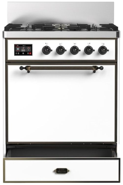 Ilve® Majestic III 30" White Pro Style Dual Fuel Natural Gas Range with Solid Door and Burnished Trim-2