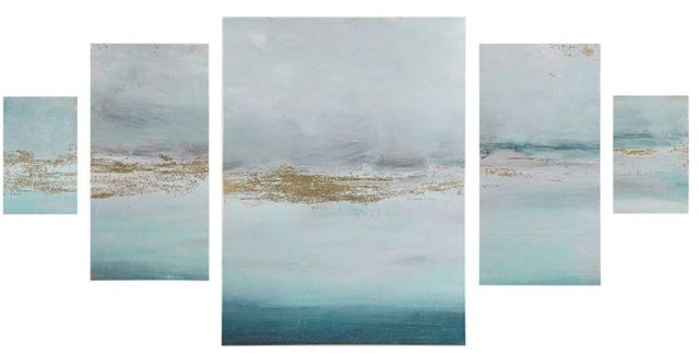 Olliix by Madison Park Glistening Gold Marble 5 Piece Blue/Sand Gel Coat Canvas with Gold Foil Set-0