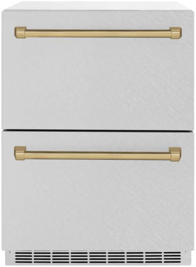 ZLINE Autograph Edition 24" Touchstone 168 Can Outdoor-Rated Dual Refrigerator Drawer with Satin Stainless Steel Doors and Champagne Bronze Handles-0