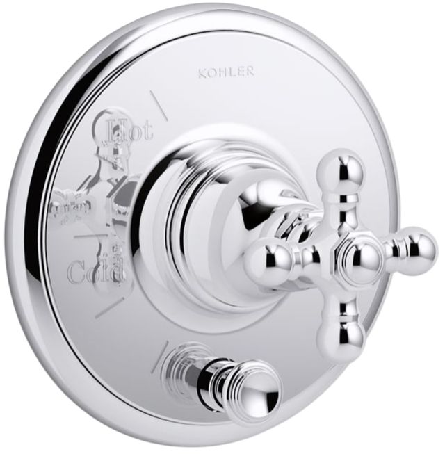 KOHLER® Artifacts® Rite-Temp® Polished Chrome Valve Trim with Push-Button Diverter and Cross Handle-0