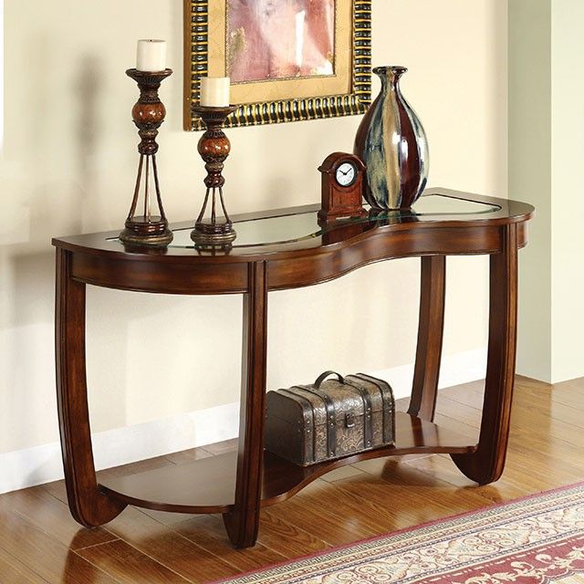 Furniture of America® Crystal Falls Dark Cherry Glass Insert Sofa table-1