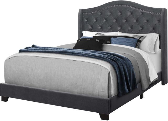 Monarch Specialties Inc. Dark Grey Linen with Chrome Trim Queen Bed-0