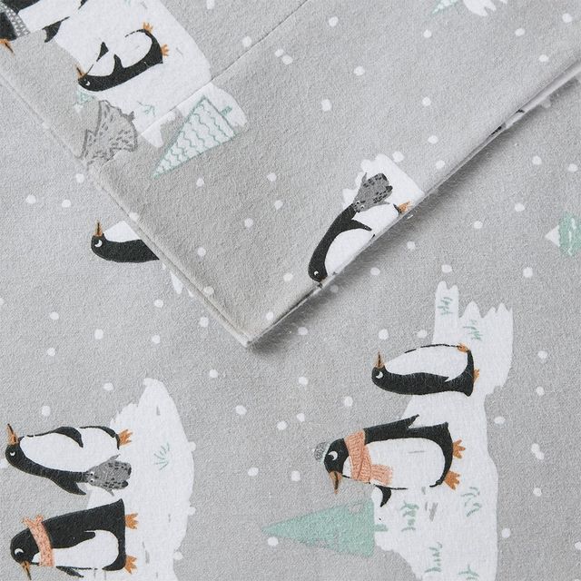 Olliix by True North by Sleep Philosophy Grey Penguins King Cozy 100% Cotton Flannel Printed Sheet Set-2