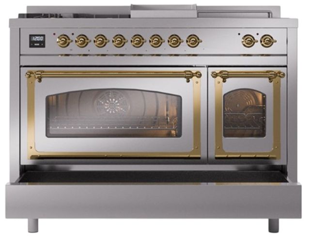 Ilve® Nostalgie II Noblesse 48'' Stainless Steel Pro Style Dual Fuel Range with Brass Trim-3