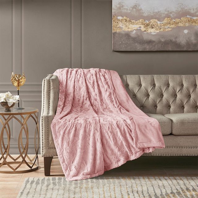 Olliix by Madison Park Zuri 1 Blush Oversized Faux Fur Throw-1