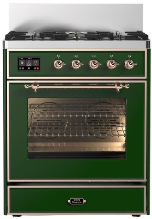 Ilve® Majestic III 30" Emerald Green Pro Style Dual Fuel Natural Gas Range with 5 Black Brass Burners and Copper Trim-0