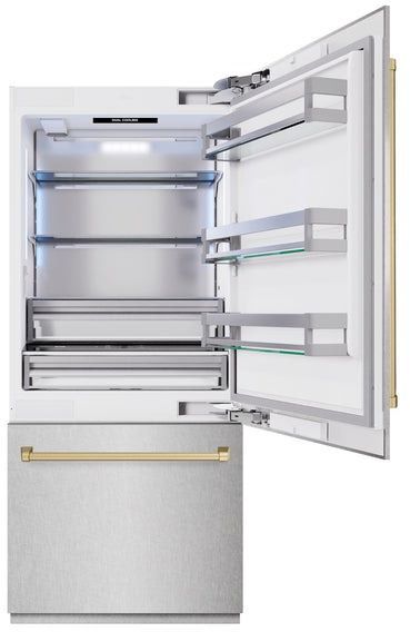 ZLINE Autograph Edition 36" 19.8 Cu. Ft. Satin Stainless Steel Built-In Bottom Freezer Refrigerator with Champagne Bronze Accents-3
