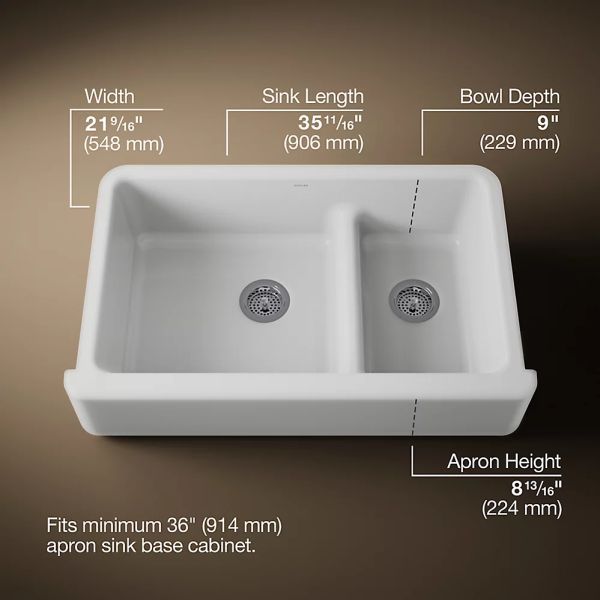 KOHLER® Whitehaven® White Smart Divide® 36" Undermount Double-Bowl Farmhouse Kitchen Sink-2
