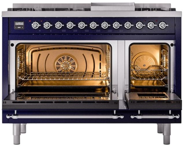 Ilve® Nostalgie II Noblesse 48'' Midnight Blue Pro Style Dual Fuel Range with Chrome Trim-1