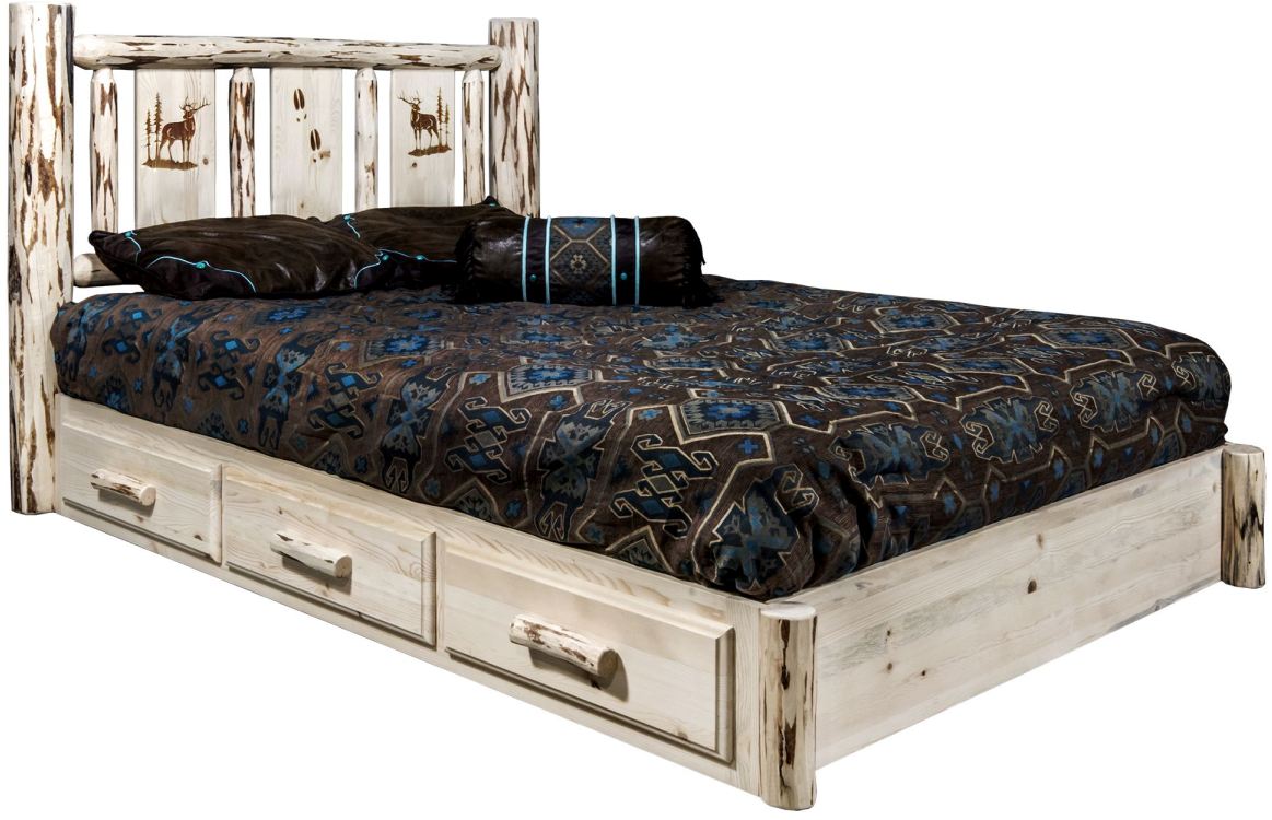 Montana Woodworks® Montana Collection Ready to Finish California King Platform Storage Bed with Laser Engraved Elk Design