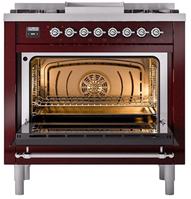 Ilve® Nostalgie II Noblesse 36'' Burgundy Pro Style Dual Fuel Range with Chrome Trim-2