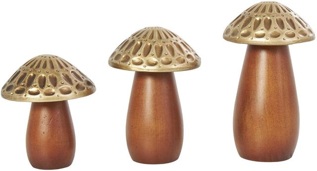Deco Marche 3-Piece Brown Mushroom Decorative Sculpture Set with Gold Tops and Groove Patterns-1
