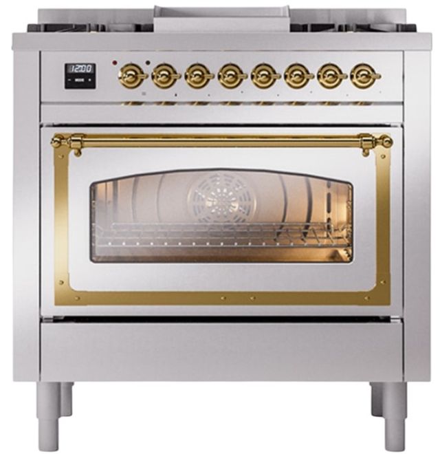 Ilve® Nostalgie II Noblesse 36'' Stainless Steel Pro Style Dual Fuel Range with Brass Trim-1