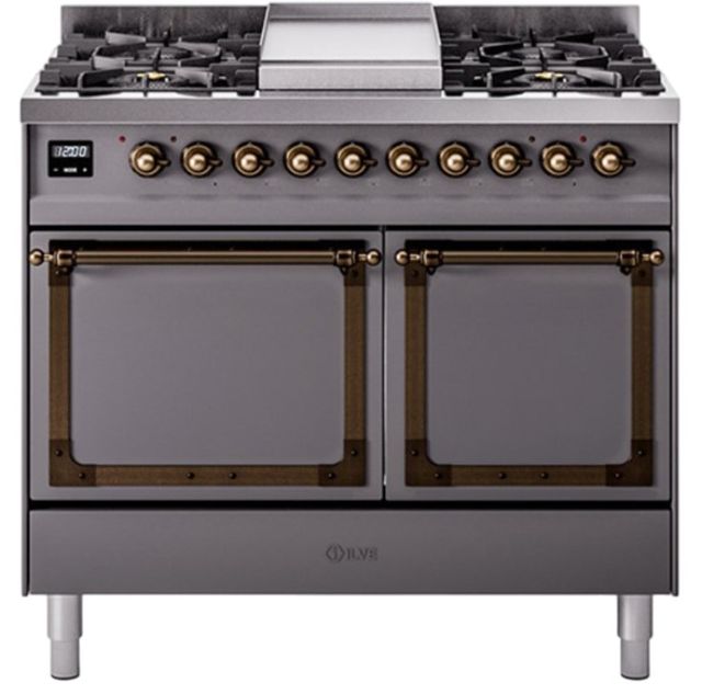 Ilve® Nostalgie II Noblesse 40'' Graphite Matte Pro Style Dual Fuel Range with Burnished Trim-0