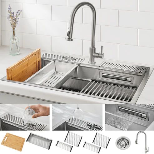 Forno Acqua MultiSINK Stainless Steel Dual Mount 3-Level Workstation Sink with Faucet, Waterfall and Glass Rinser-0