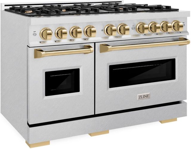 ZLINE Classic Autograph Edition 48" Satin Stainless Steel Pro Style Dual Fuel Range with Polished Gold Accents-2