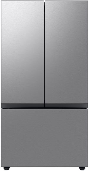 Front view of the Samsung Bespoke 36" 30 Cu. Ft. Stainless Steel 3-Door French Door Refrigerator with Beverage Center™