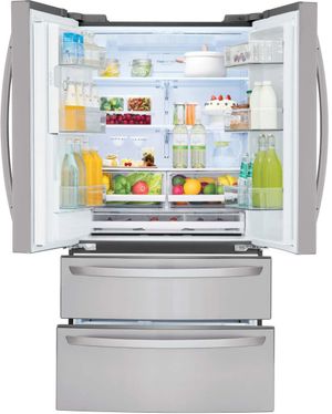 front view of the opened LG 36 in. 27.8 Cu. Ft. Stainless Steel French Door Refrigerator