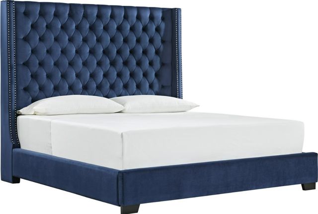 Signature Design by Ashley® Coralayne 4-Piece Blue/Metallic Sheen King Upholstered Panel Bed Set-1