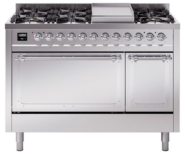 Ilve® Nostalgie II Noblesse 48'' Stainless Steel Pro Style Dual Fuel Range with Chrome Trim-0