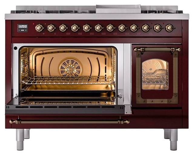 Ilve® Nostalgie II Noblesse 48'' Burgundy Pro Style Dual Fuel Range with Burnished Trim-3