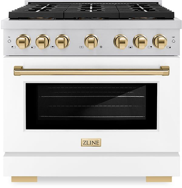 ZLINE Autograph Edition 36 in. 5.2 cu. ft. Paramount Gas Range with 6 Burner DuoPro™ Cooktop and Convection Gas Oven with White Matte Door and Polished Gold Accents (PSGRZ-WM-36-G)