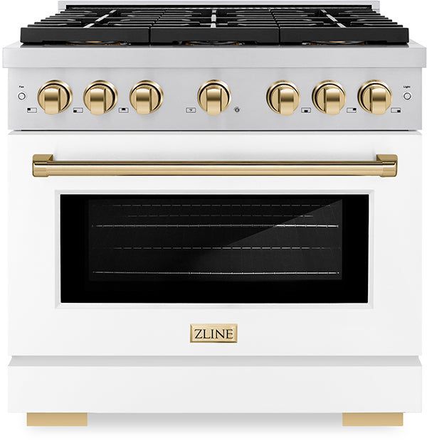 ZLINE Paramount Autograph Edition 36" Stainless Steel Pro Style Gas Range with White Matte Door and Polished Gold Accents-0