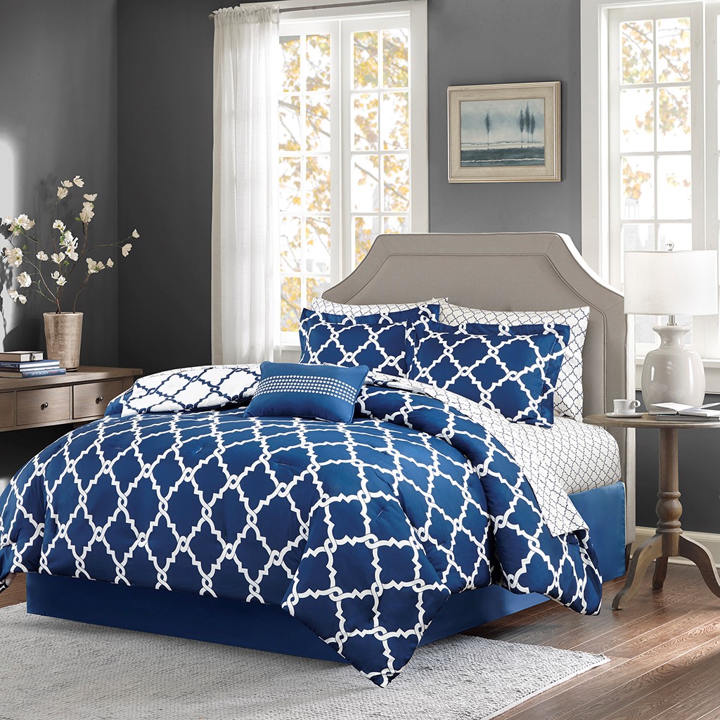 Olliix by Madison Park Essentials Merritt Navy California King Reversible Complete Comforter and Cotton Sheet Set