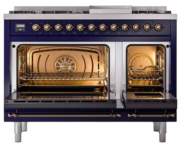 Ilve® Nostalgie II Noblesse 48'' Midnight Blue Pro Style Dual Fuel Range with Burnished Trim-2