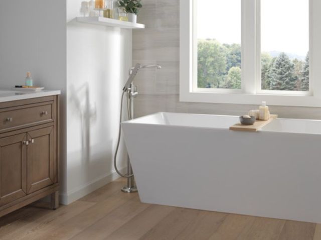 Delta Tetra® Lumicoat® Stainless Single Handle LHP Floor Mount Tub Filler Trim-3