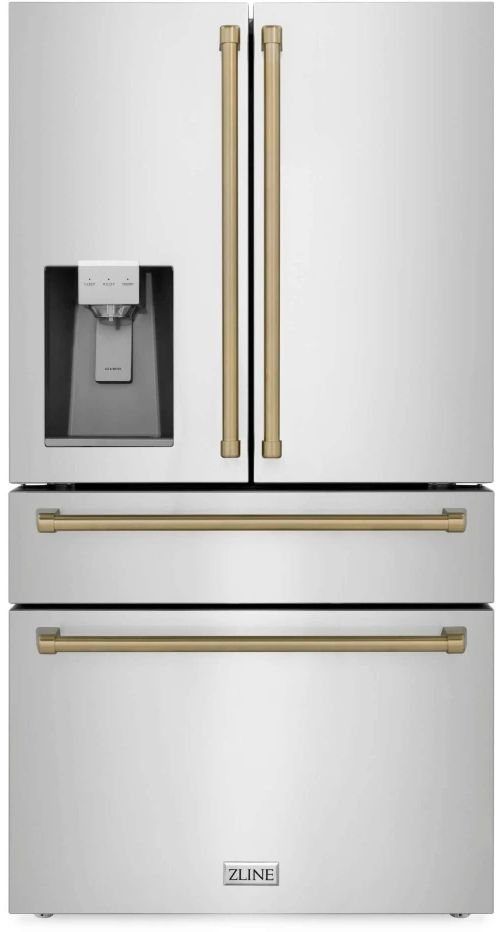 ZLINE Autograph Edition 36" 21.6 Cu. Ft. Fingerprint Resistant Stainless Steel Counter Depth French Door Refrigerator with Water/Ice Dispenser and Champagne Bronze Traditional Handles