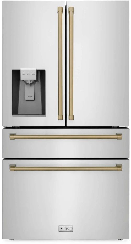 ZLINE Autograph Edition 36" 21.6 Cu. Ft. Fingerprint Resistant Stainless Steel Counter Depth French Door Refrigerator with Water/Ice Dispenser and Champagne Bronze Traditional Handles-0