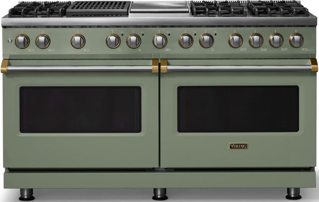 Viking® 5 Series 60" Eucalyptus Pro Style Dual Fuel (NG) Range with Brushed Brass Trim-0
