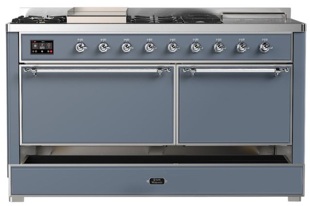 Ilve® Majestic III 60" Blue Gray Pro Style Dual Fuel Natural Gas Range with Griddle and Chrome Trim-2